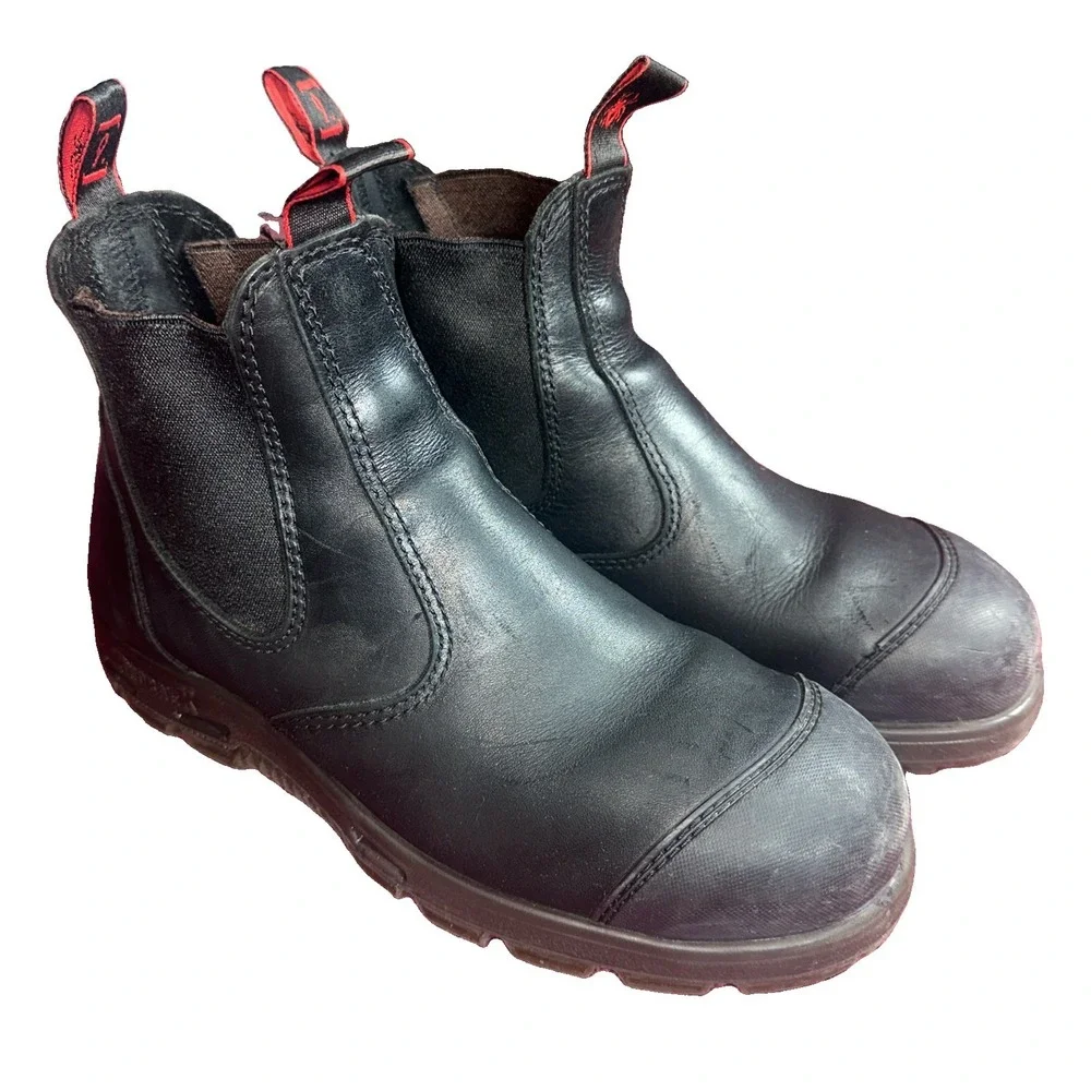 Redback Mens Bobcat Safety Work Boots Size 9 Black Leather Slip On Steel Toe